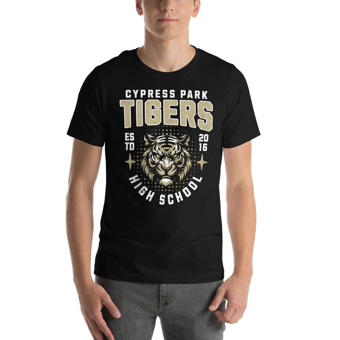 Man wearing Cypress Park High School Tigers Black Premium Unisex T-shirt 204