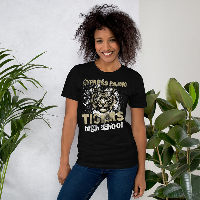 Woman wearing Cypress Park High School Tigers Black Premium Unisex T-shirt 205