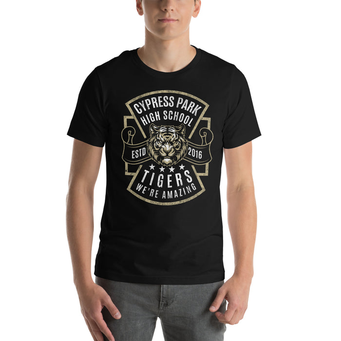 Man wearing Cypress Park High School Tigers Black Premium Unisex T-shirt 207