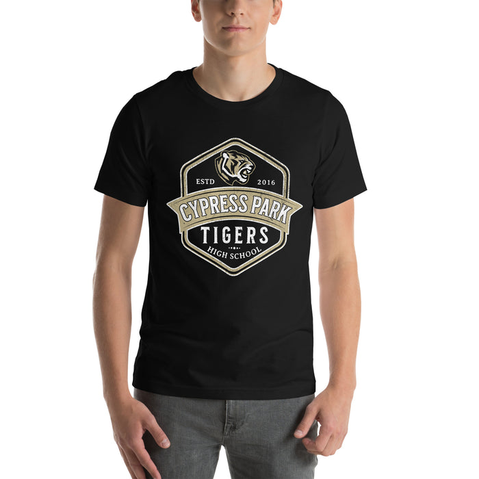 Man wearing Cypress Park High School Tigers Black Premium Unisex T-shirt 209