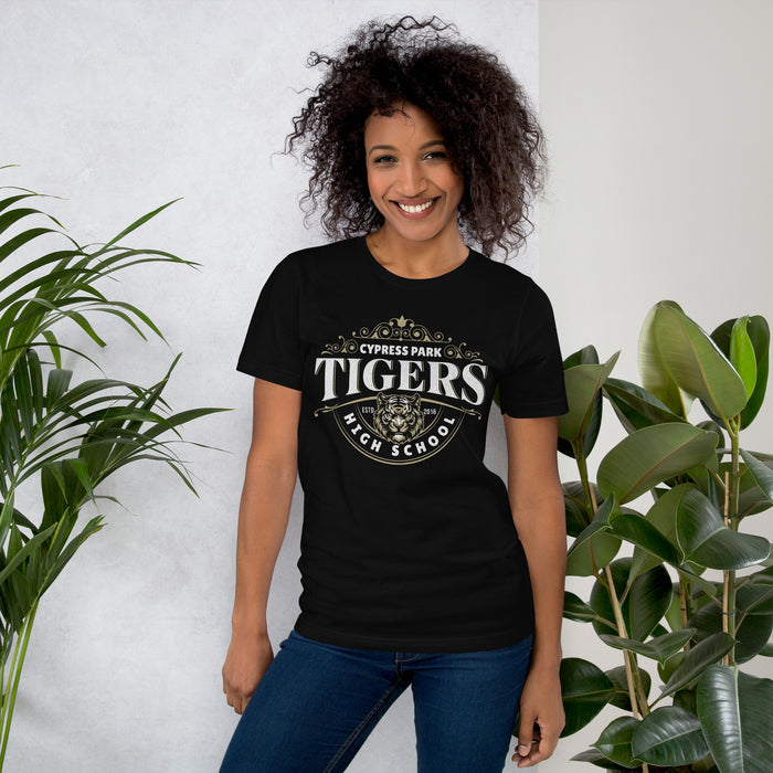 Woman wearing Cypress Park High School Tigers Black Premium Unisex T-shirt 211