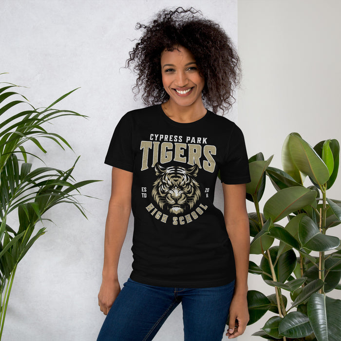 Woman wearing Cypress Park High School Tigers Black Premium Unisex T-shirt 213