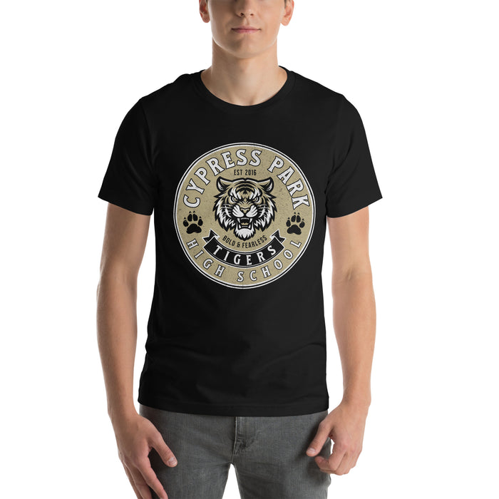 Man wearing Cypress Park High School Tigers Black Premium Unisex T-shirt 215