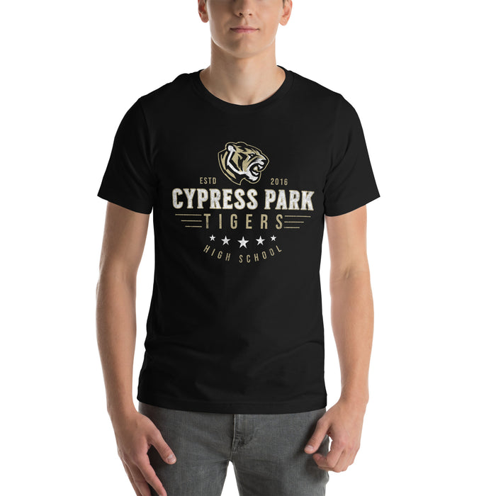 Man wearing Cypress Park High School Tigers Black Premium Unisex T-shirt 217