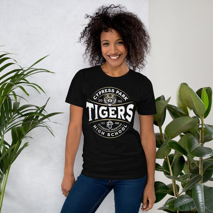 Woman wearing Cypress Park High School Tigers Black Premium Unisex T-shirt 218