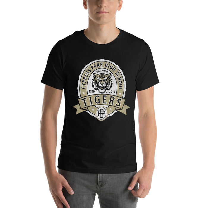 Man wearing Cypress Park High School Tigers Black Premium Unisex T-shirt 212