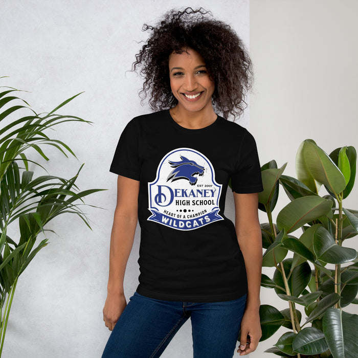 Woman wearing Dekaney High School Wildcats Black Premium Unisex T-shirt 219