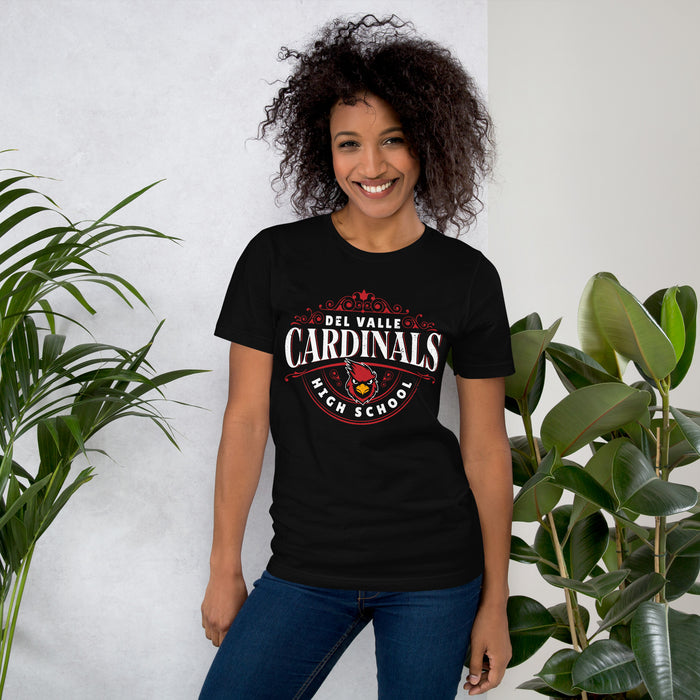 Woman wearing Del Valle High School Cardinals Black Premium Unisex T-shirt 211