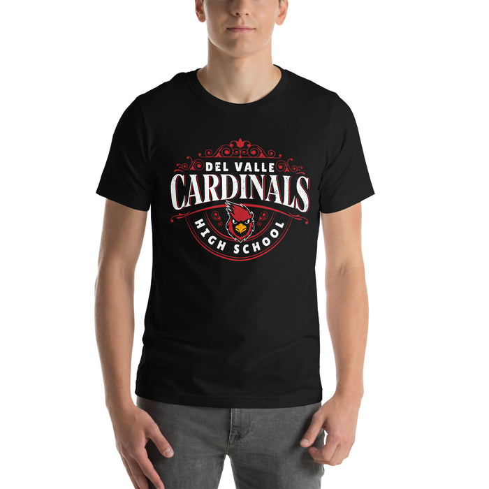 Man wearing Del Valle High School Cardinals Black Premium Unisex T-shirt 211