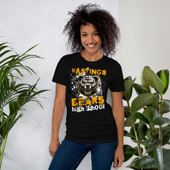 Woman wearing Hastings High School Bears Black Premium Unisex T-shirt 205