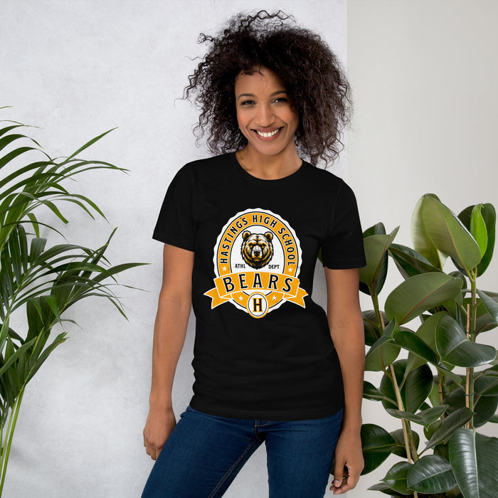 Woman wearing Hastings High School Bears Black Premium Unisex T-shirt 212