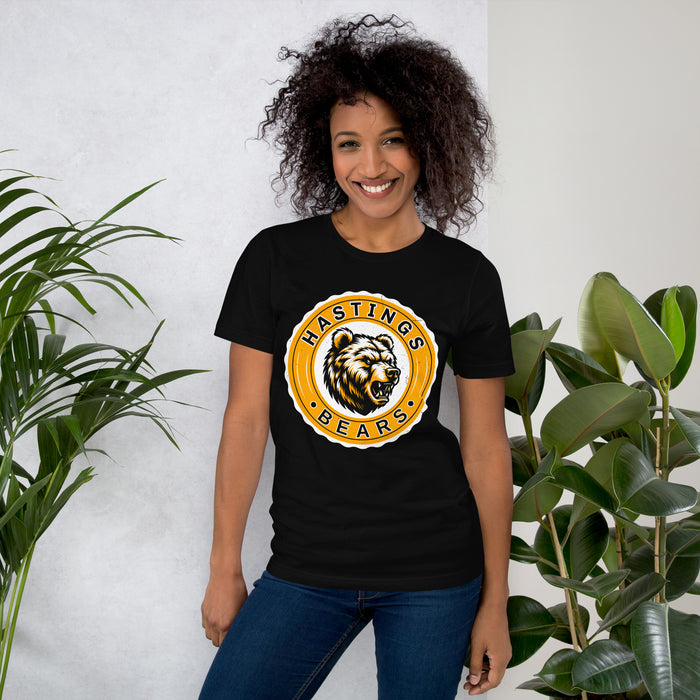 Woman wearing Hastings High School Bears Black Premium Unisex T-shirt 216