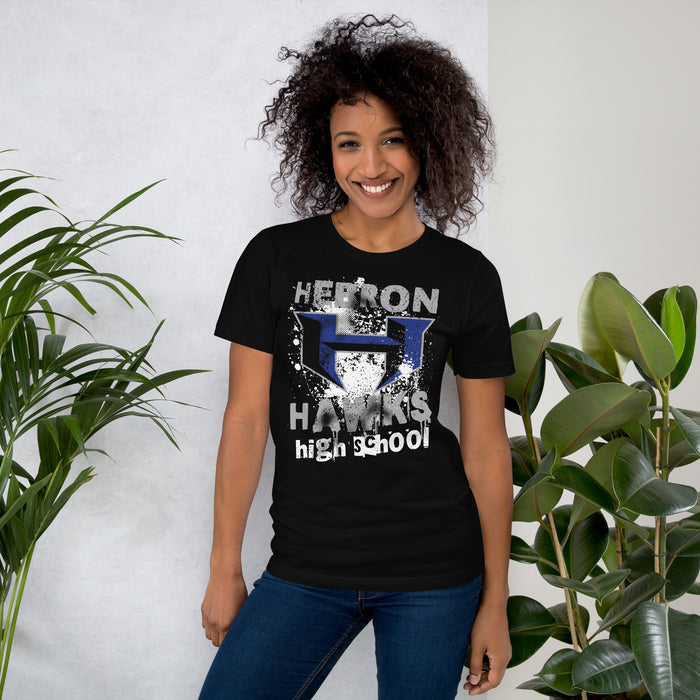 Woman wearing Hebron High School Hawks Black Premium Unisex T-shirt 205