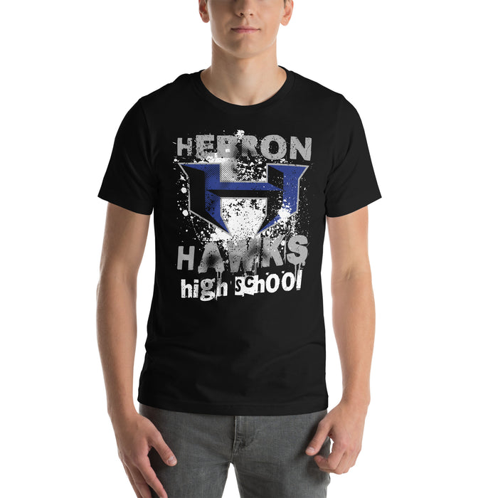 Student wearing Hebron High School Hawks Black Premium Unisex T-shirt 205