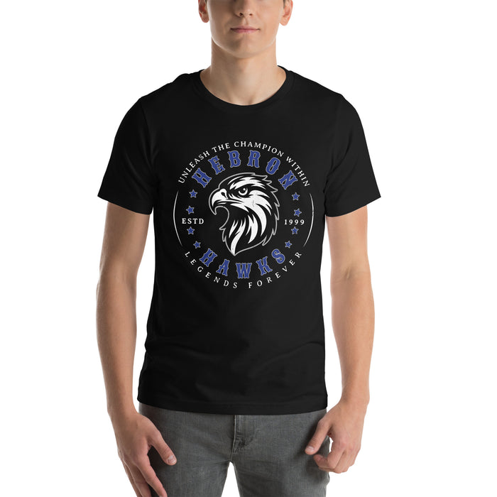 Man wearing Hebron High School Hawks Black Premium Unisex T-shirt 214