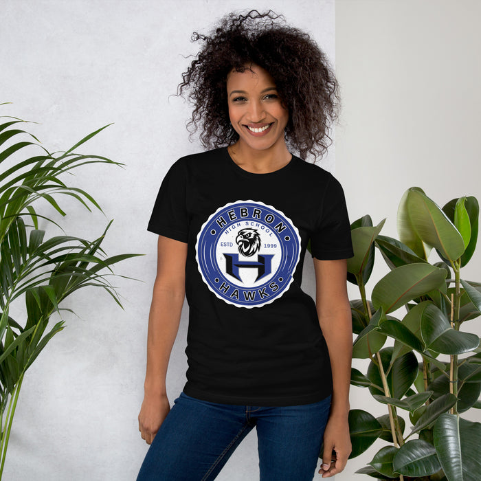 Woman wearing Hebron High School Hawks Black Premium Unisex T-shirt 216