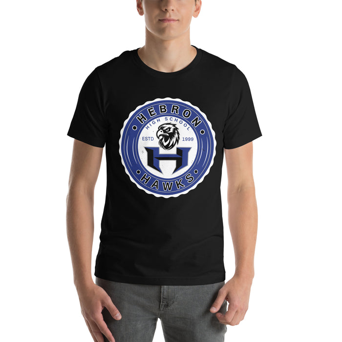 Student wearing Hebron High School Hawks Black Premium Unisex T-shirt 216