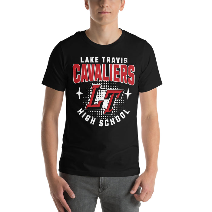 Man wearing Lake Travis High School Cavaliers Black Premium Unisex T-shirt 204