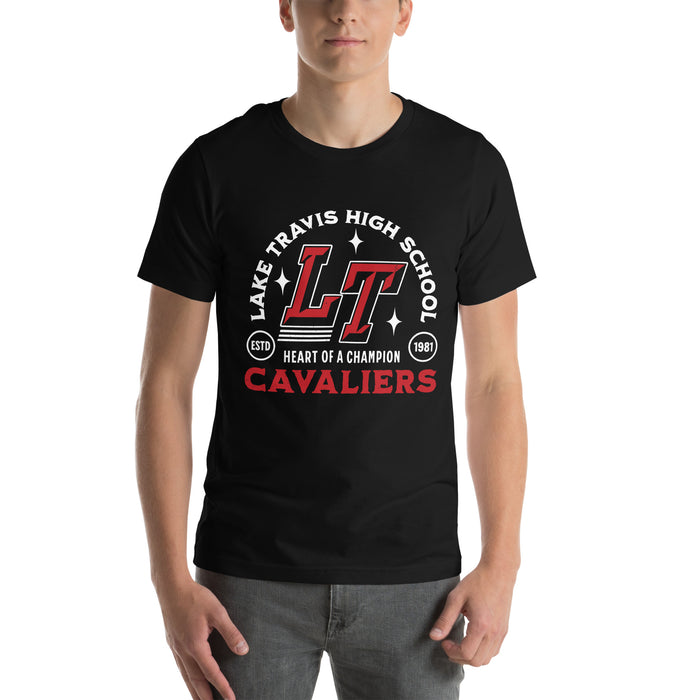 Man wearing Lake Travis High School Cavaliers Black Premium Unisex T-shirt 208