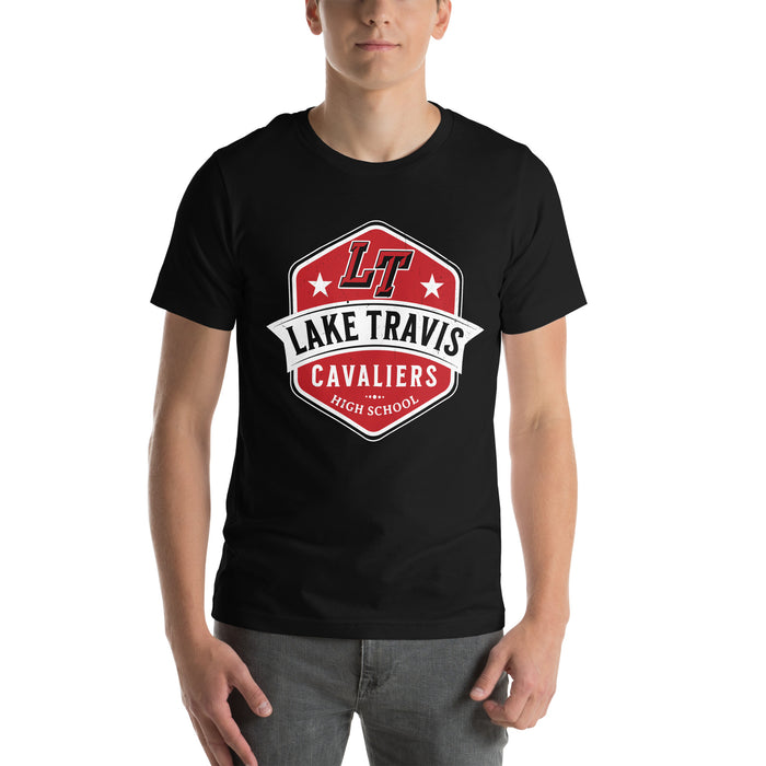 Man wearing Lake Travis High School Cavaliers Black Premium Unisex T-shirt 209