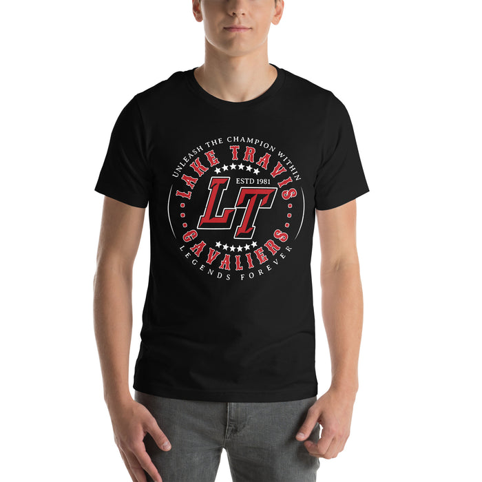 Student wearing Lake Travis High School Cavaliers Black Premium Unisex T-shirt 214