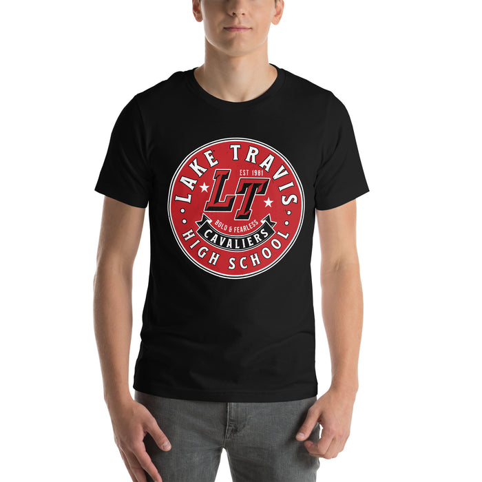 Man wearing Lake Travis High School Cavaliers Black Premium Unisex T-shirt 215