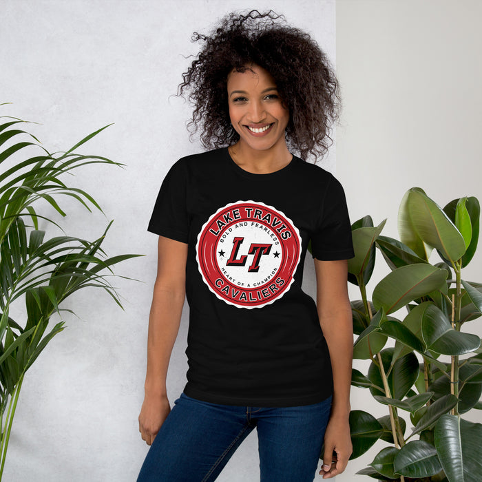 Woman wearing Lake Travis High School Cavaliers Black Premium Unisex T-shirt 216