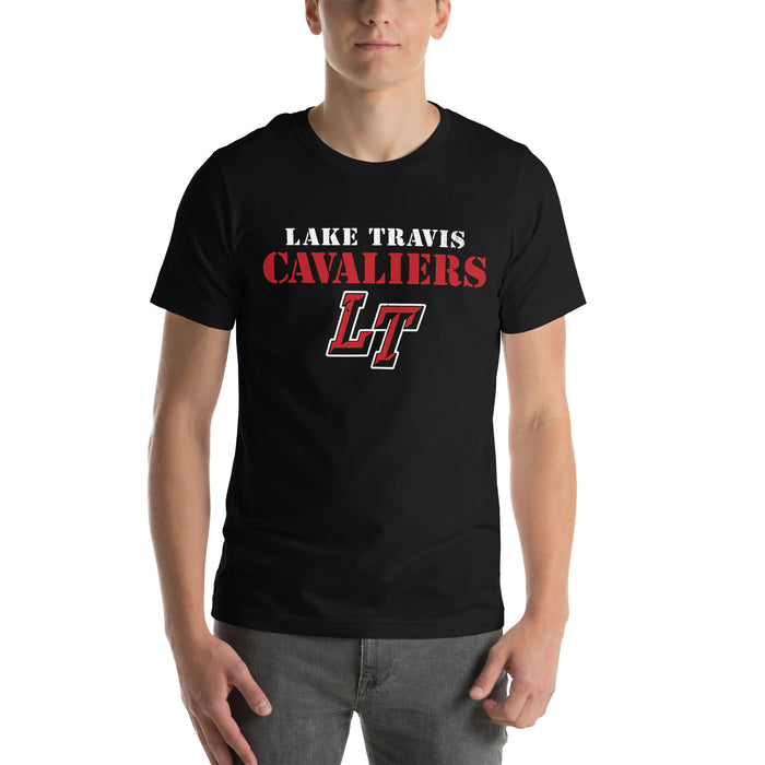 Student wearing Lake Travis High School Cavaliers Black Premium Unisex T-shirt 222