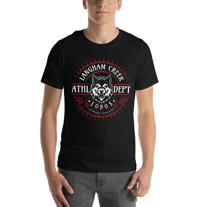 Man wearing Langham Creek High School Lobos Black Premium Unisex T-shirt 201