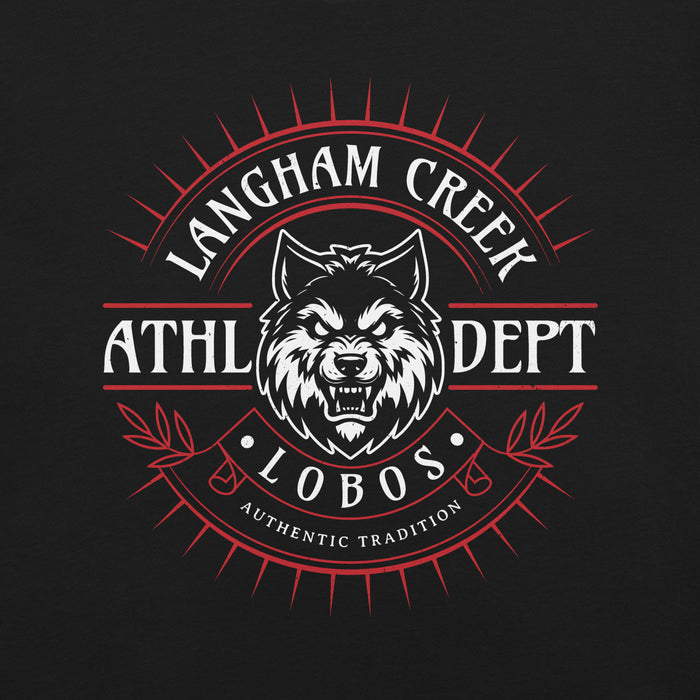 Close-up view of Langham Creek High School Lobos Black Premium Unisex T-shirt 201