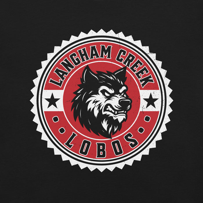 Close-up view of Langham Creek High School Lobos Black Premium Unisex T-shirt 203