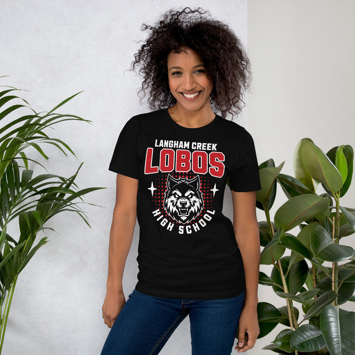 Woman wearing Langham Creek High School Lobos Black Premium Unisex T-shirt 204