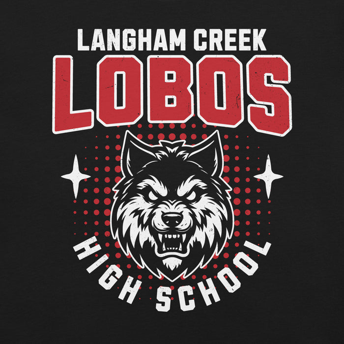 Close-up view of Langham Creek High School Lobos Black Premium Unisex T-shirt 204