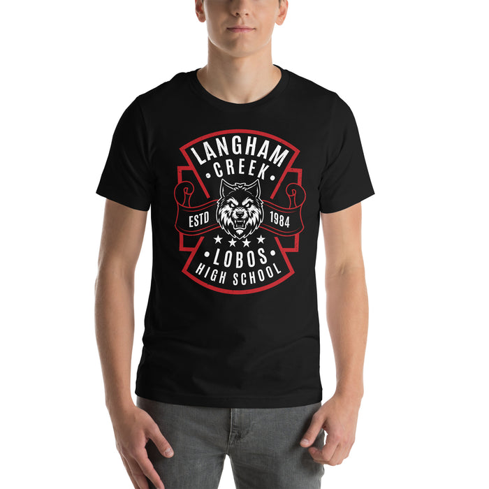 Man wearing Langham Creek High School Lobos Black Premium Unisex T-shirt 207