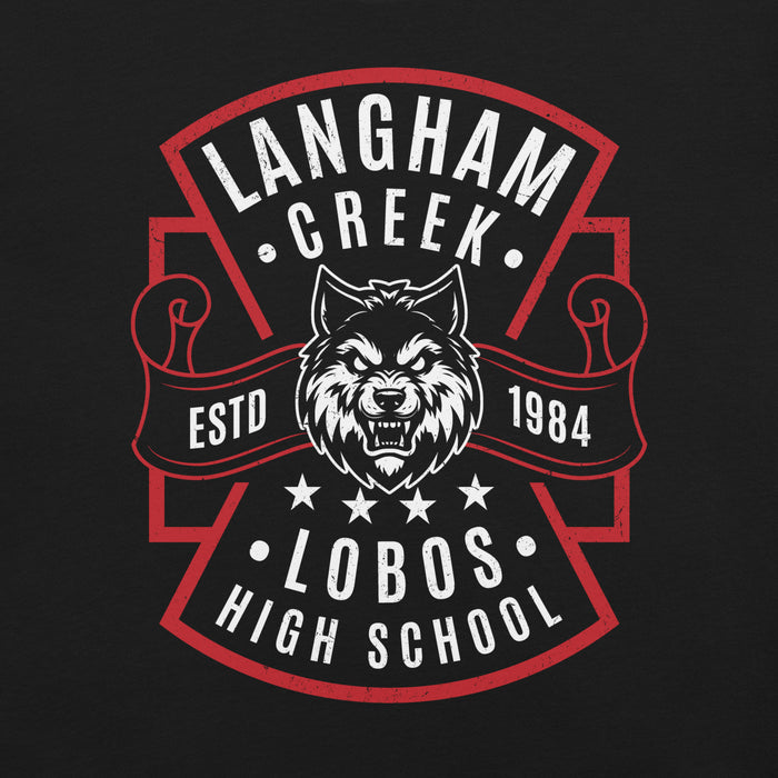 Close-up view of Langham Creek High School Lobos Black Premium Unisex T-shirt 207