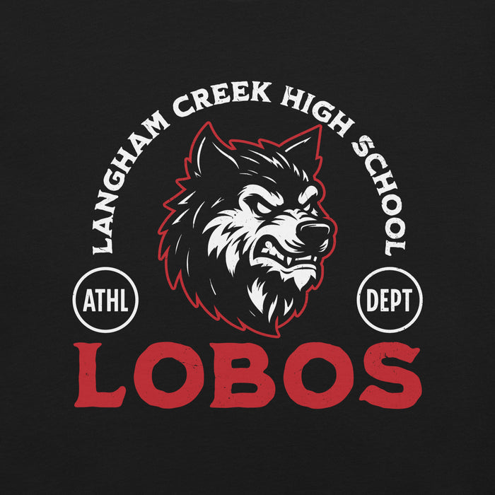 Close-up view of Langham Creek High School Lobos Black Premium Unisex T-shirt 208