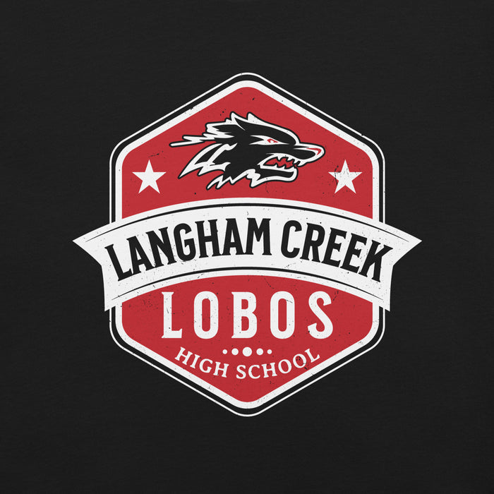 Close-up view of Langham Creek High School Lobos Black Premium Unisex T-shirt 209