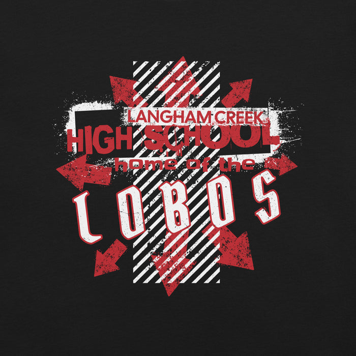 Close-up view of Langham Creek High School Lobos Black Premium Unisex T-shirt 210