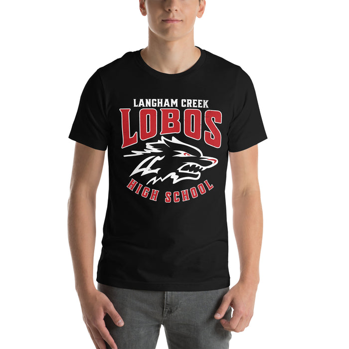 Man wearing Langham Creek High School Lobos Black Premium Unisex T-shirt 213