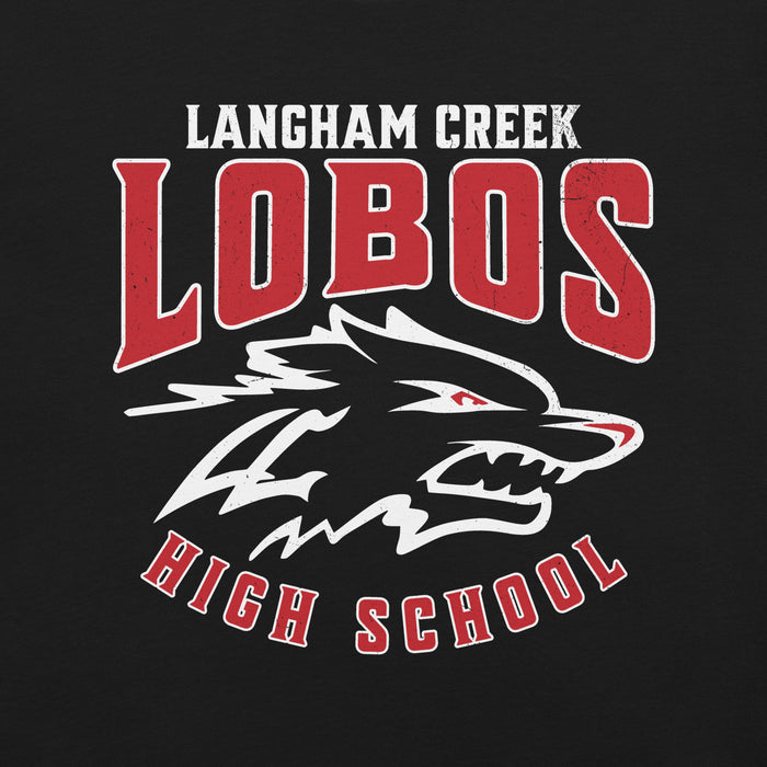 Close-up view of Langham Creek High School Lobos Black Premium Unisex T-shirt 213