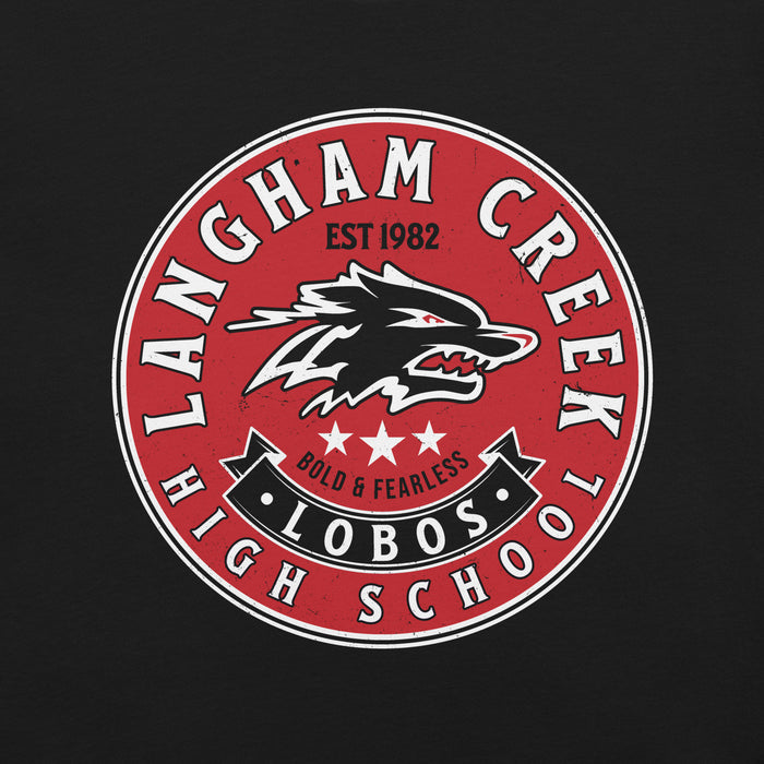 Close-up view of Langham Creek High School Lobos Black Premium Unisex T-shirt 215