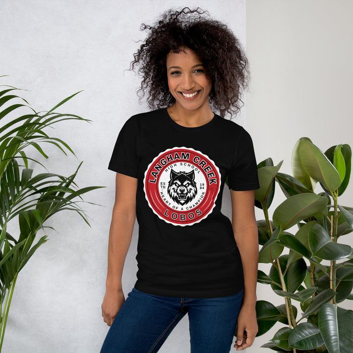 Woman wearing Langham Creek High School Lobos Black Premium Unisex T-shirt 216