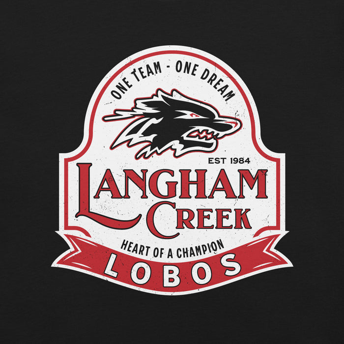 Close-up view of Langham Creek High School Lobos Black Premium Unisex T-shirt 219