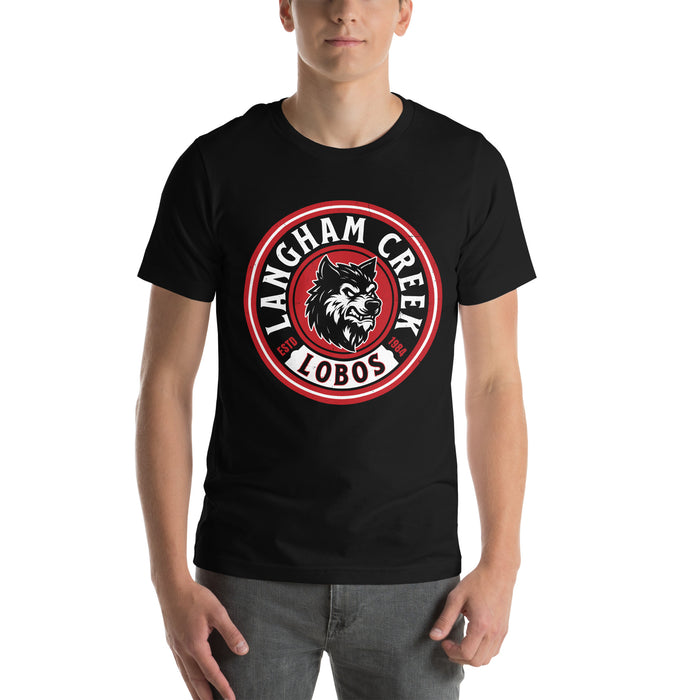 Man wearing Langham Creek High School Lobos Black Premium Unisex T-shirt 220