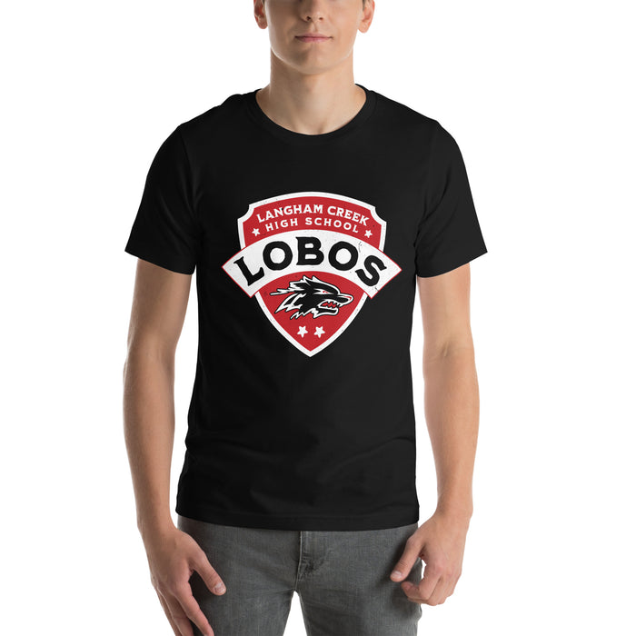 Man wearing Langham Creek High School Lobos Black Premium Unisex T-shirt 223