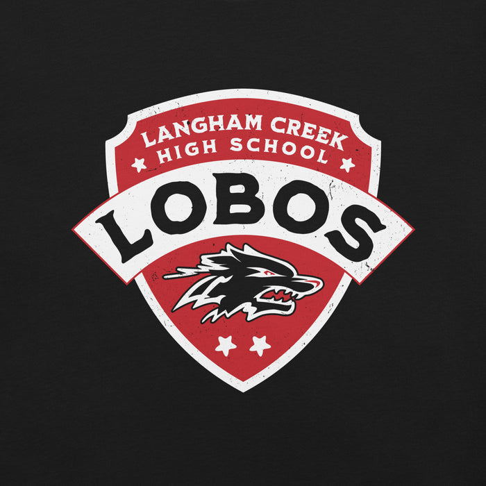 Close-up view of Langham Creek High School Lobos Black Premium Unisex T-shirt 223