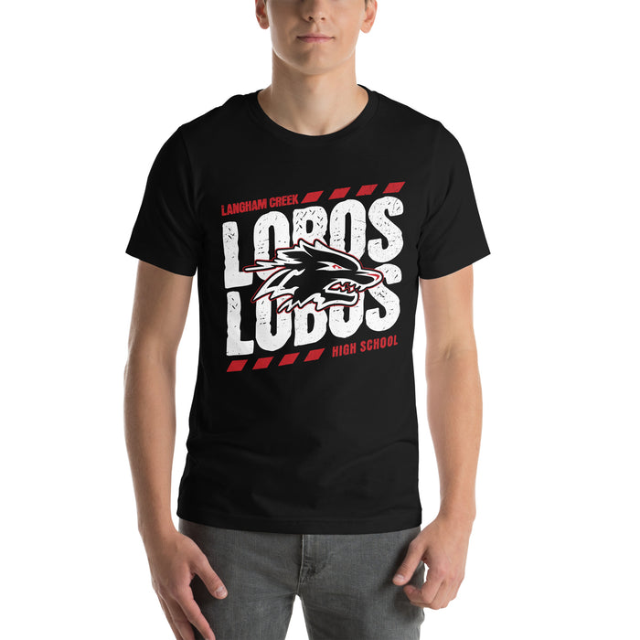 Man wearing Langham Creek High School Lobos Black Premium Unisex T-shirt 223