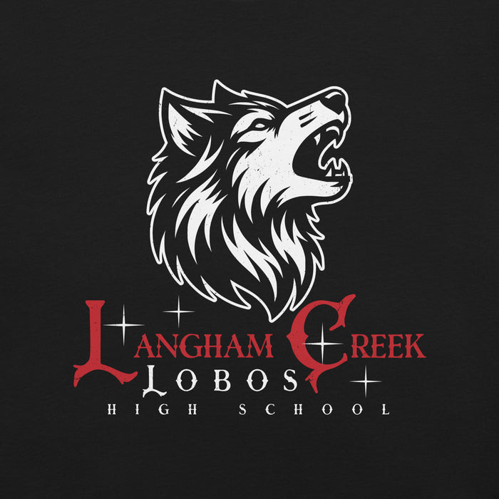 Close-up view of Langham Creek High School Lobos Black Premium Unisex T-shirt 224