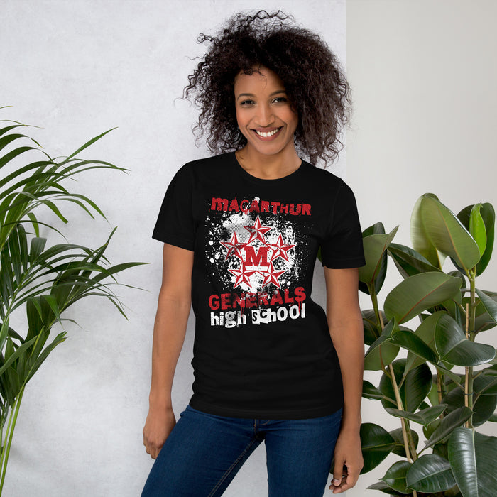 Woman wearing MacArthur High School Generals Black Premium Unisex T-shirt 205