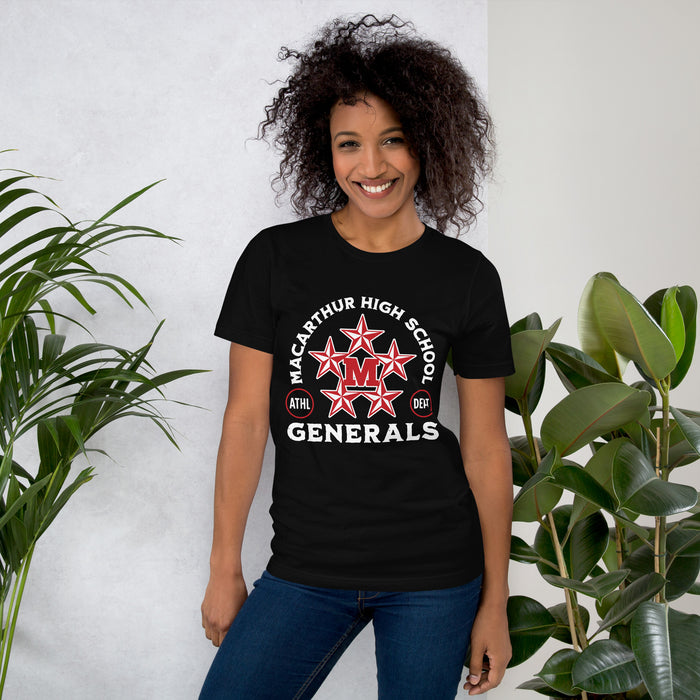 Woman wearing MacArthur High School Generals Black Premium Unisex T-shirt 208